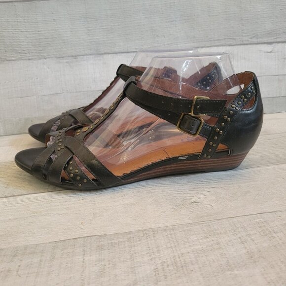 Indigo By Clarks Black Strappy Studded Leather Sandals Ankle Strap Low Wedge Wom - Picture 5 of 9